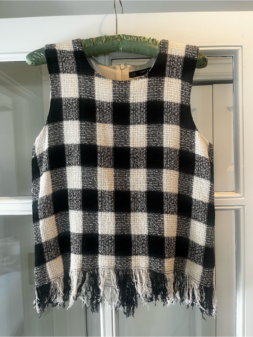 Zara Black and White Checked Fringe Sleeveless Top